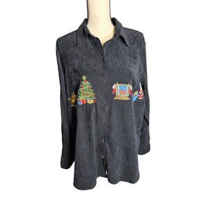 Bill Blass Christmas Shirt Button Up Santa Black Velveteen Fireplace Patches 1X